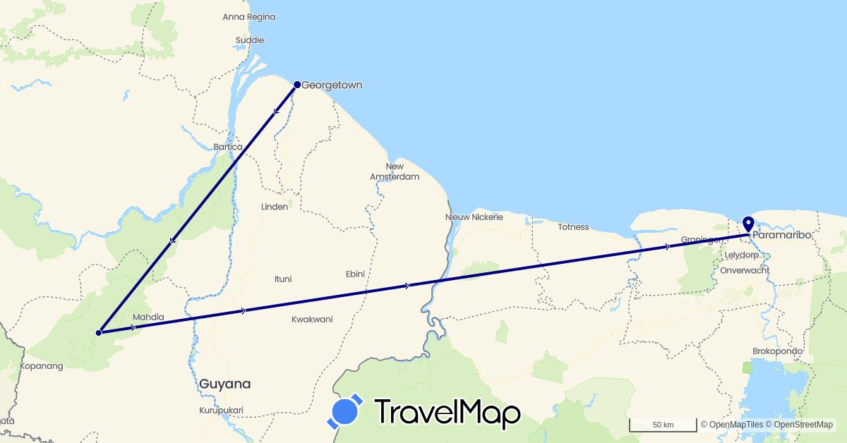 TravelMap itinerary: driving in Guyana, Suriname (South America)